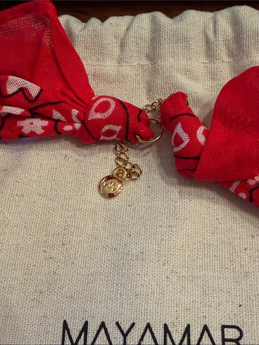 Mayamar BOHO Red Bandana Charm Necklace with 24KT dipped Gold Heart Pendant - Picture 3 of 4